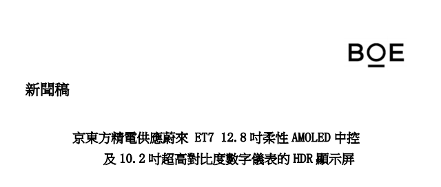 BOE VARITRONIX SUPPLIES NIO’S NEW ET7 WITH 12.8 INCH FLEXIBLE AMOLED CENTER INFORMATION DISPLAY AND 10.2 INCH HDR DISPLAY FOR ITS SUPER HIGH CONTRAST DIGITAL CLUSTER