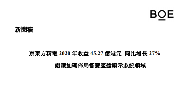 BOE VARITRONIX REVENUE RECORDED 27%YOY GROWTH TO HK$4,527 MILLION, CONTINUE TO DEVELOP FURTHER IN THE AREAS OF SMART COCKPIT