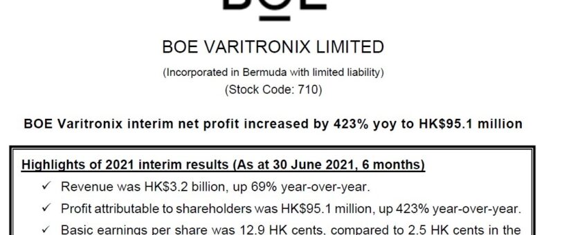 BOE Varitronix interim net profit gains 423% yoy to HK$95.1 million