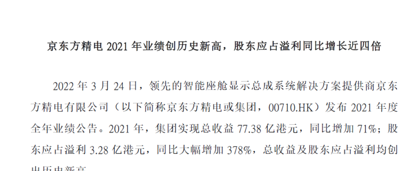 [CHI]京東方精電2021年業績創歷史新高，股東應佔溢利同比增長近四倍